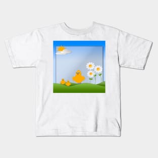 Birds with hills, sun, clouds depicting a scene of Spring season Kids T-Shirt